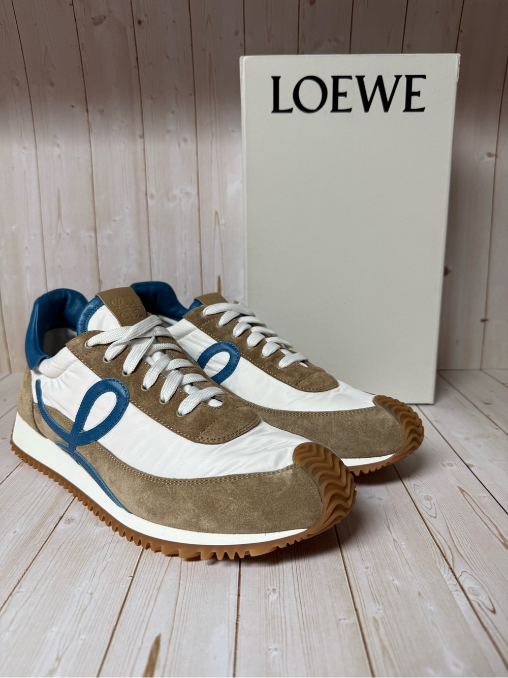 Loewe Flow Runner 2 Suede & Nylon Sneakers Sand/Blue-White Sz 44 / 11